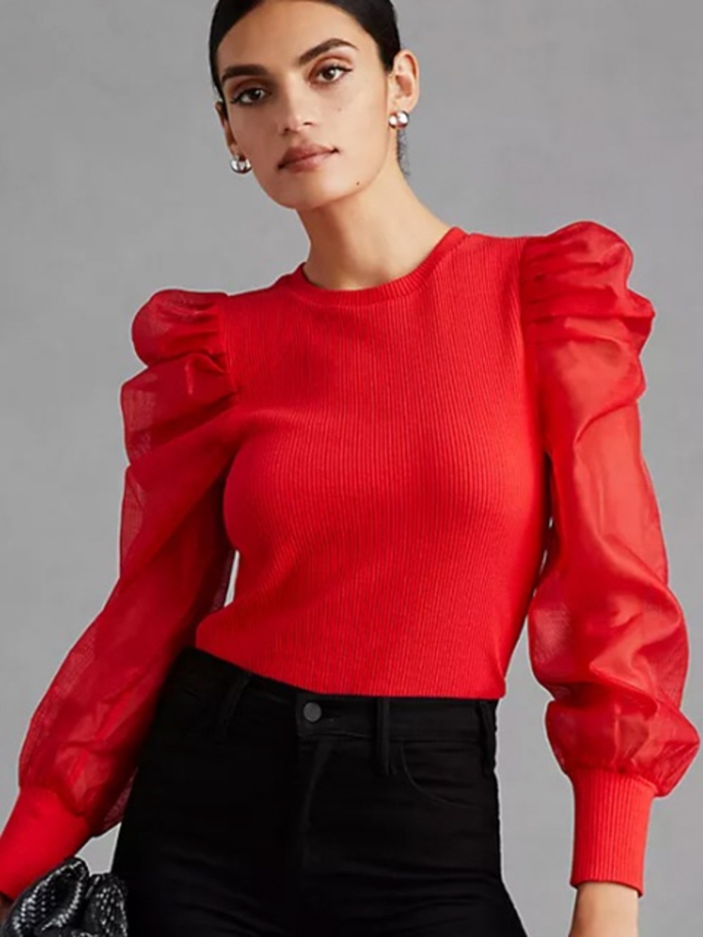 DOLAN Left of Center taffeta poof sleeve ribbed top/sweater